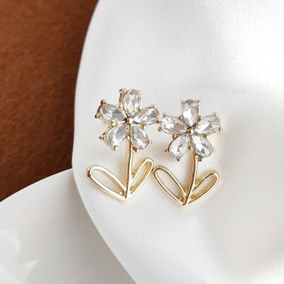 Flower Clear Crystal Rhinestone Invisible Clip On Earrings