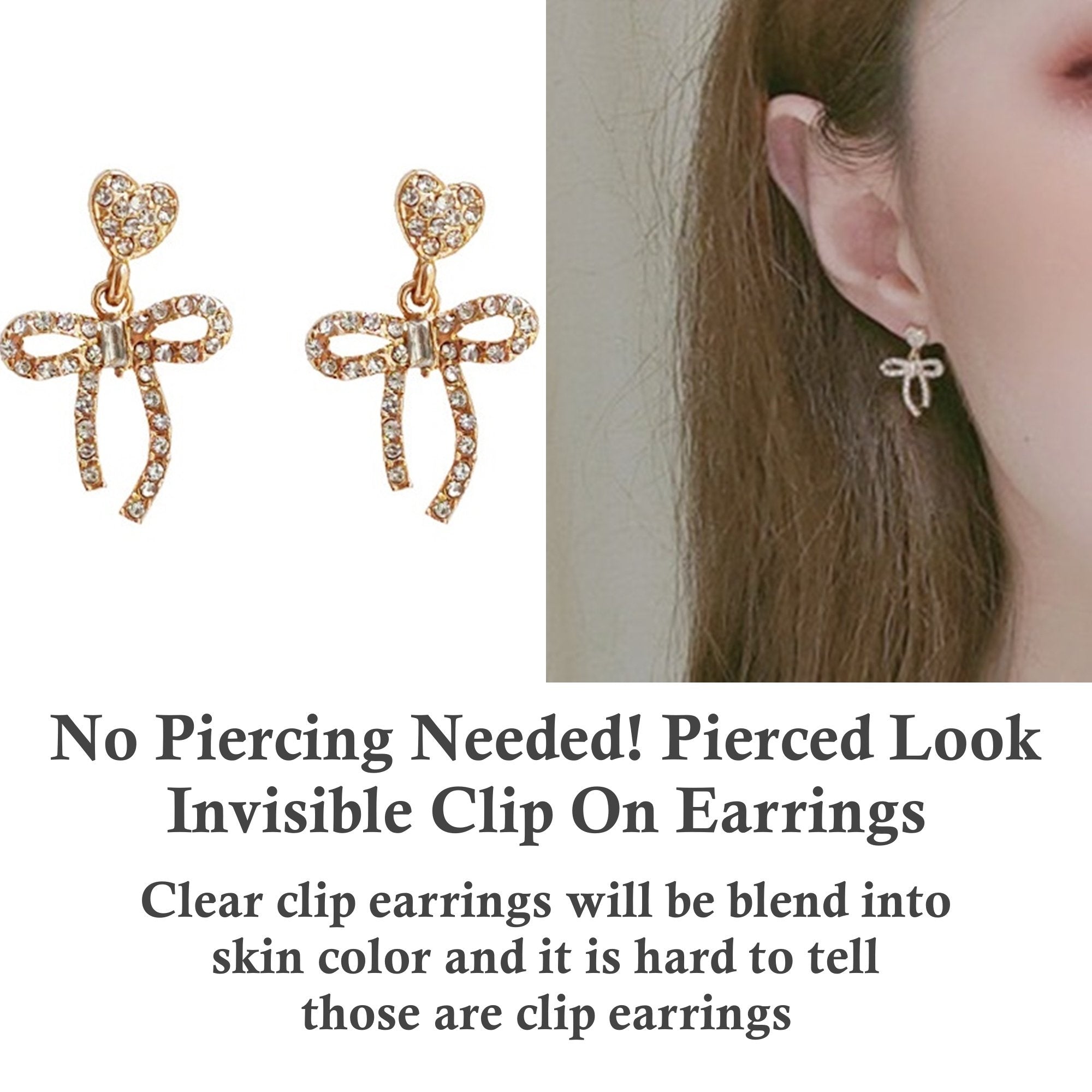 Dangle Ribbon Bow Ties Crystal Rhinestone Pave Invisible Clip On Earrings