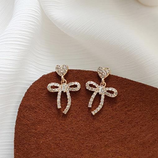 Dangle Ribbon Bow Ties Crystal Rhinestone Pave Invisible Clip On Earrings