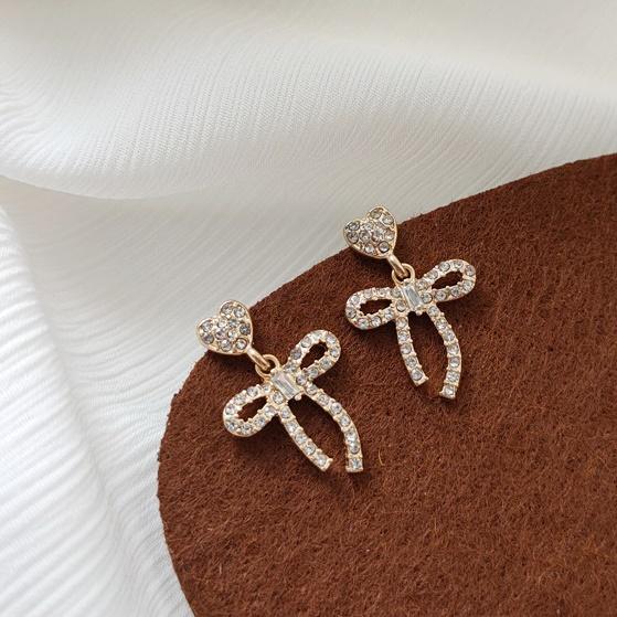 Dangle Ribbon Bow Ties Crystal Rhinestone Pave Invisible Clip On Earrings