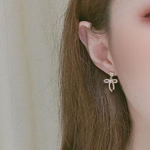 Dangle Ribbon Bow Ties Crystal Rhinestone Pave Invisible Clip On Earrings