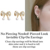 White Pearl Ribbon Bow Tie Crystal Rhinestone Pave Invisible Clip On Earrings