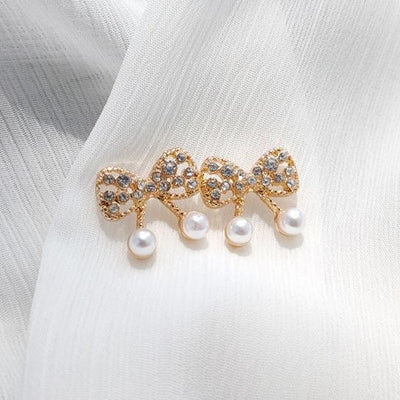 White Pearl Ribbon Bow Tie Crystal Rhinestone Pave Invisible Clip On Earrings