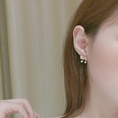 White Pearl Ribbon Bow Tie Crystal Rhinestone Pave Invisible Clip On Earrings