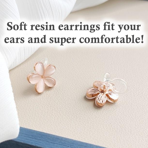 Pink Flower Crystal Rhinestone Invisible Clip On Earrings