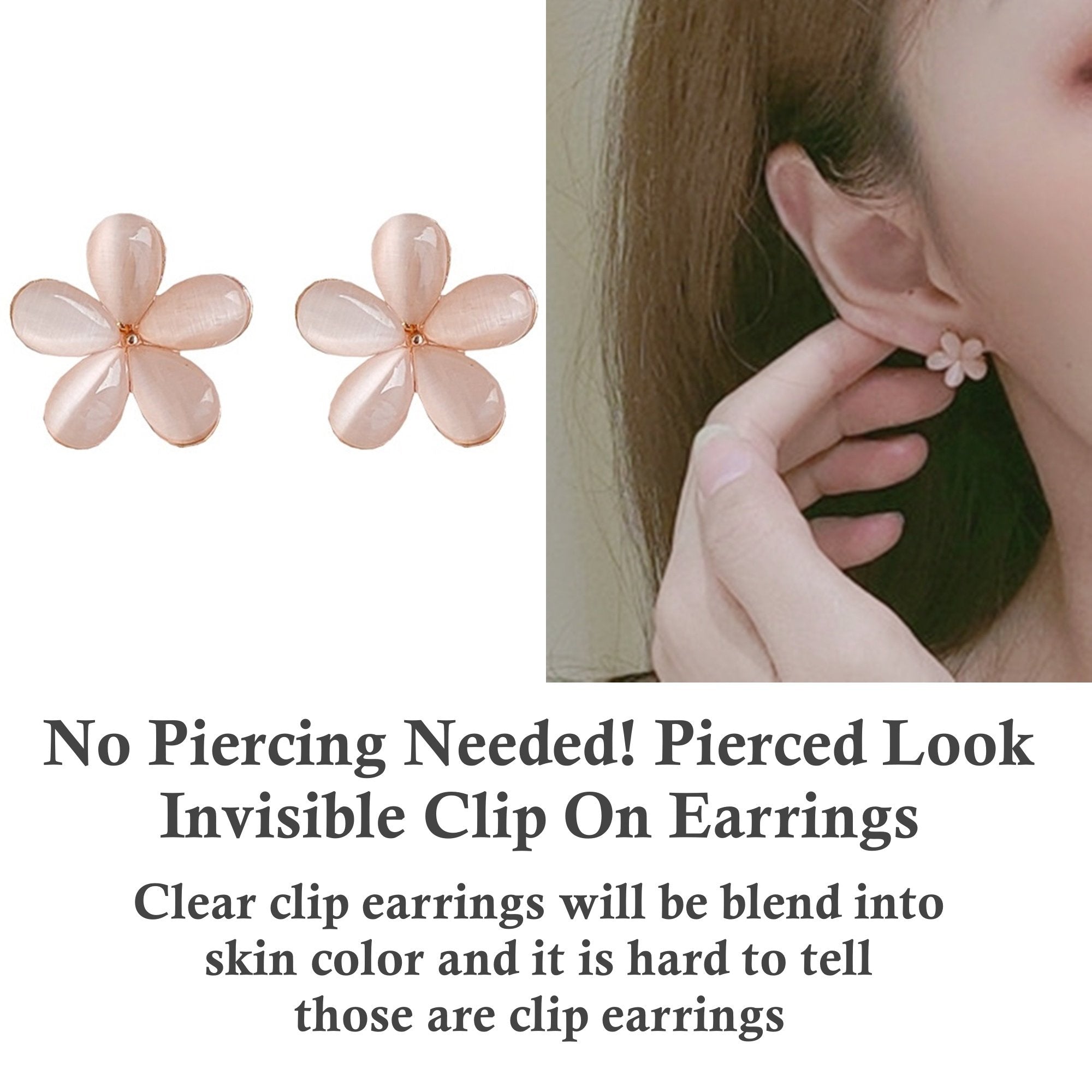 Pink Flower Crystal Rhinestone Invisible Clip On Earrings