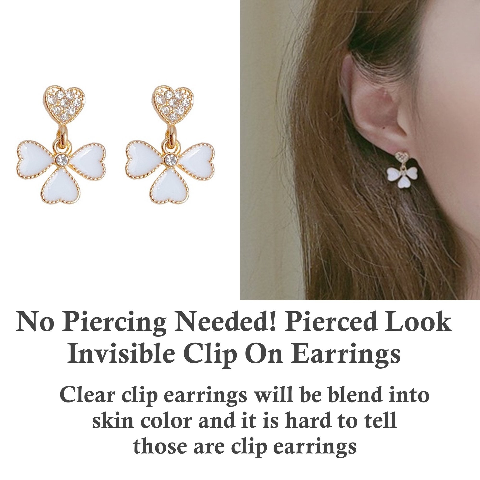 Dangle White Clover Four Leaf Crystal Rhinestone Invisible Clip On Earrings