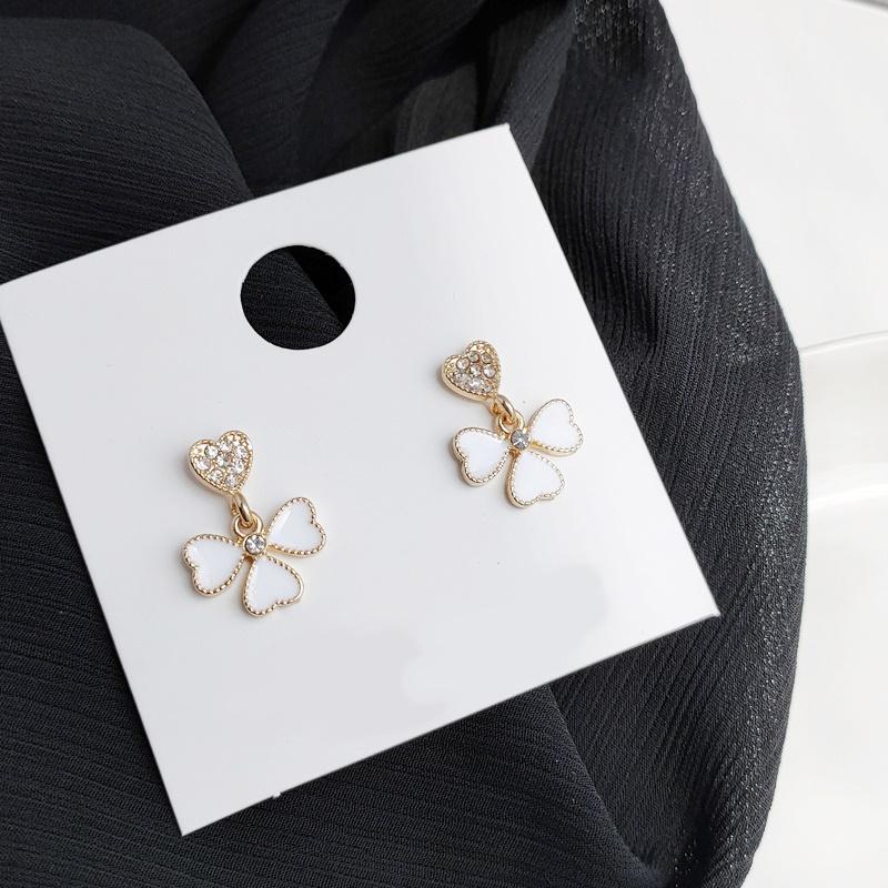 Dangle White Clover Four Leaf Crystal Rhinestone Invisible Clip On Earrings