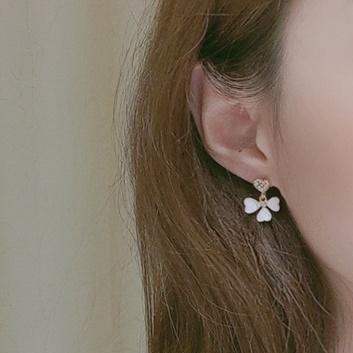 Dangle White Clover Four Leaf Crystal Rhinestone Invisible Clip On Earrings