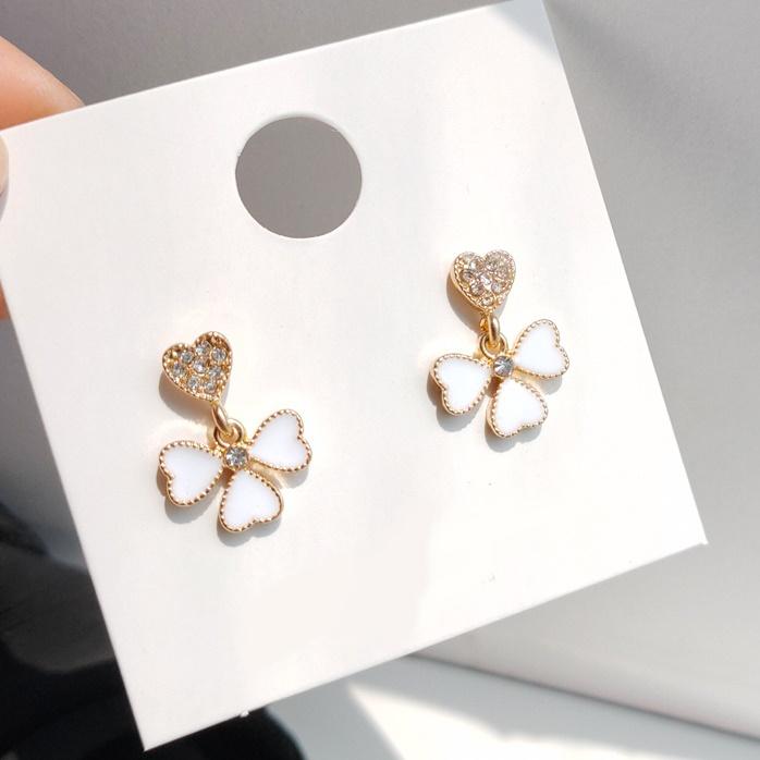 Dangle White Clover Four Leaf Crystal Rhinestone Invisible Clip On Earrings