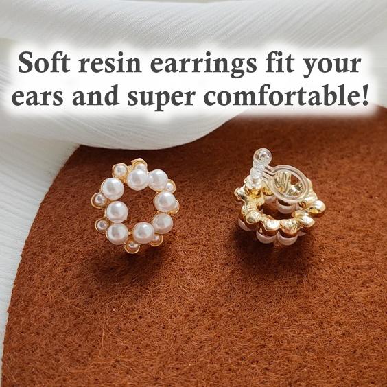 White Pearl Flower Circle Wreath Invisible Clip On Earrings