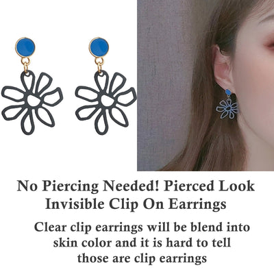 Dangle Large Blue Flower Filigree Invisible Clip On Earrings