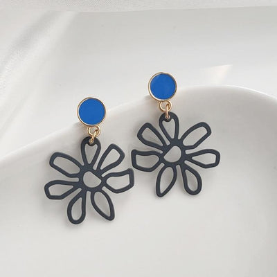 Dangle Large Blue Flower Filigree Invisible Clip On Earrings