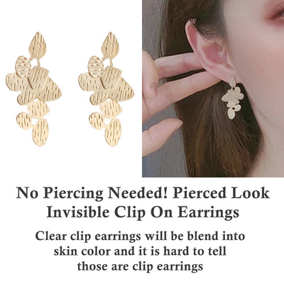 Dangle Gold Leaf Leaves Invisible Clip On Earrings