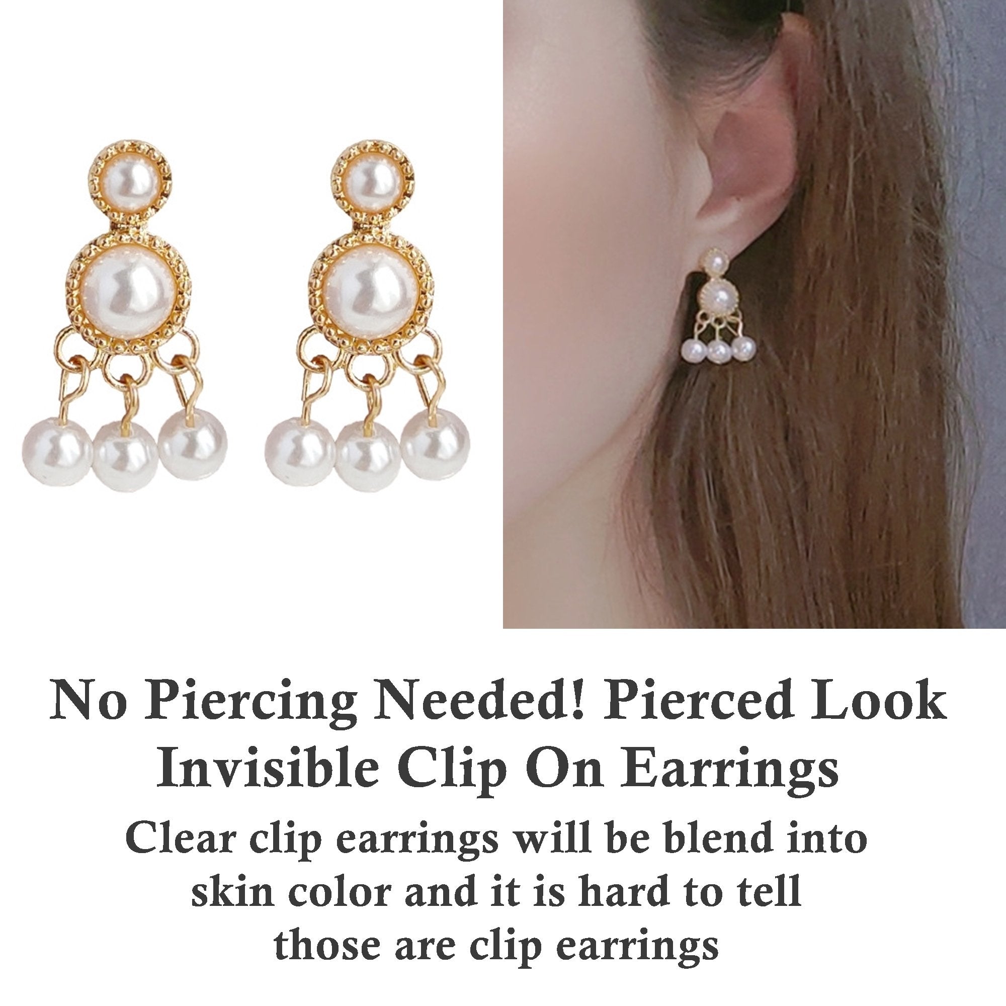 Dangle Round White Pearl Invisible Clip On Earrings