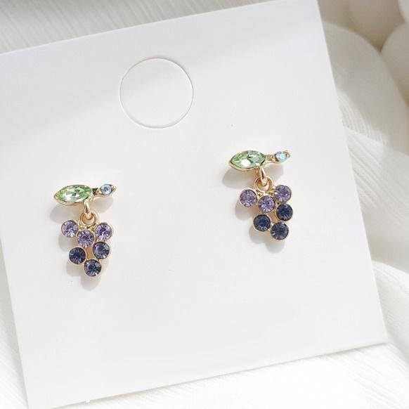 Purple Grape Crystal Rhinestone Dangle Invisible Clip On Earrings