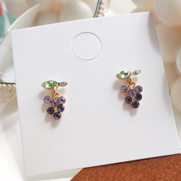 Purple Grape Crystal Rhinestone Dangle Invisible Clip On Earrings