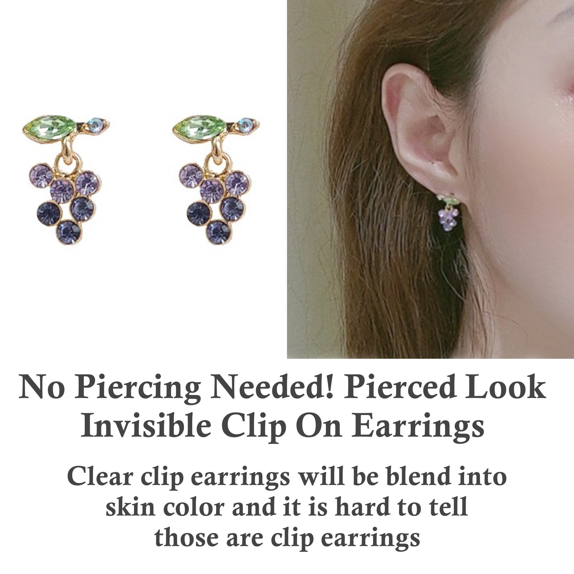 Purple Grape Crystal Rhinestone Dangle Invisible Clip On Earrings