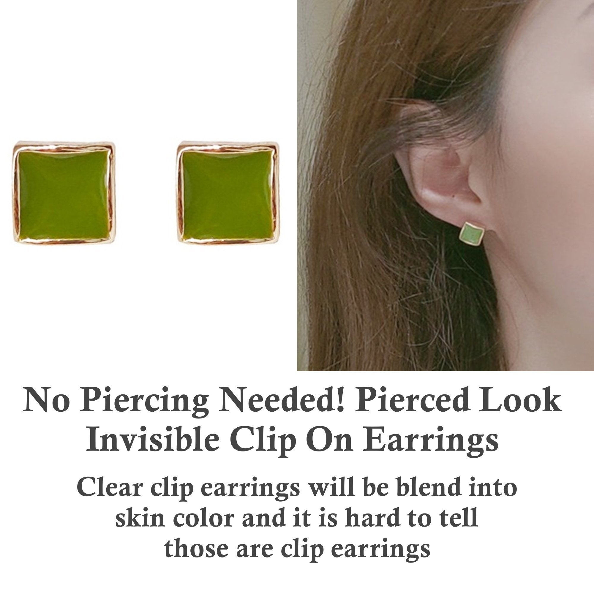 Minimal Green Square Motif Invisible Clip On Earrings