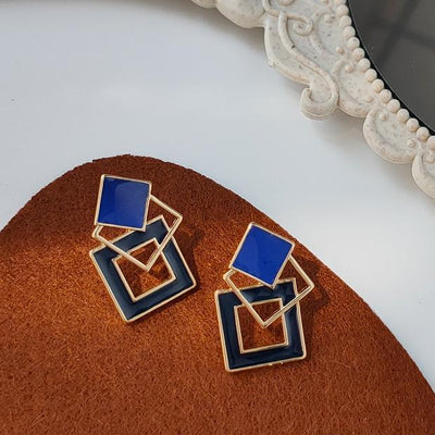 Vintage Style Large Blue Square Motif Invisible Clip On Earrings