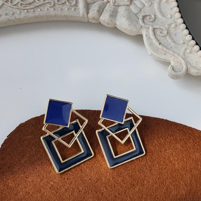Vintage Style Large Blue Square Motif Invisible Clip On Earrings