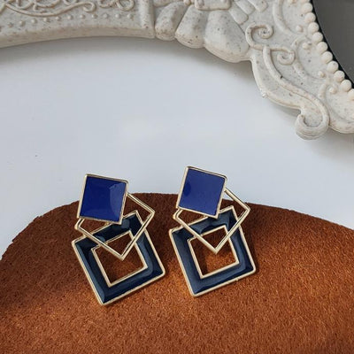 Vintage Style Large Blue Square Motif Invisible Clip On Earrings