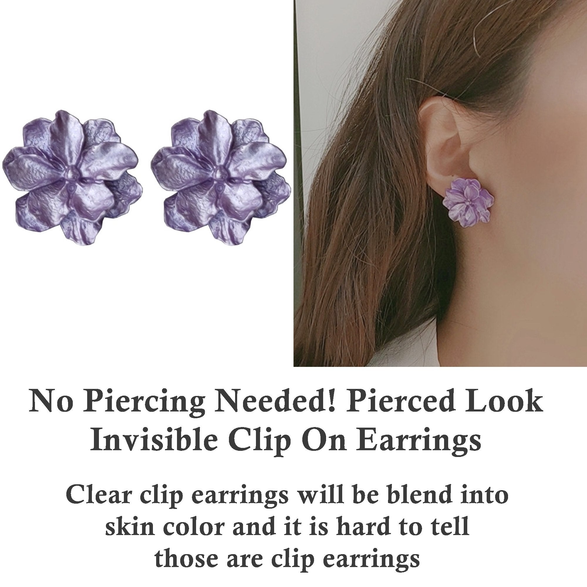 Large Purple Flower Invisible Clip On Earrings