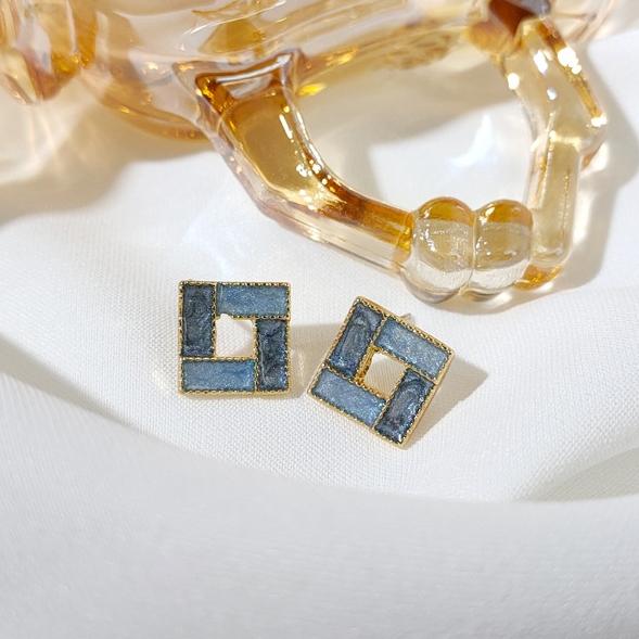 Light Blue Crystal Mosaic Square Invisible Clip On Earrings