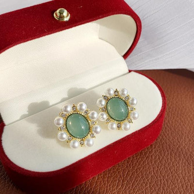 Light Green Crystal Rhinestone With White Pearl Invisible Clip On Earrings