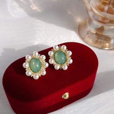 Light Green Crystal Rhinestone With White Pearl Invisible Clip On Earrings