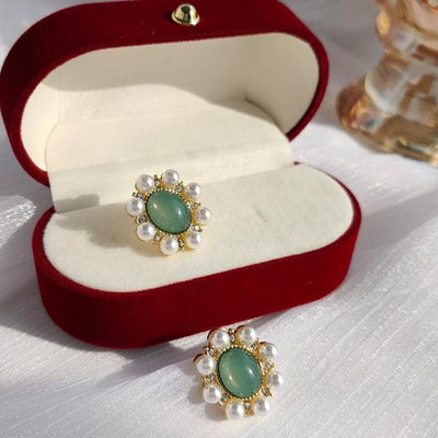 Light Green Crystal Rhinestone With White Pearl Invisible Clip On Earrings