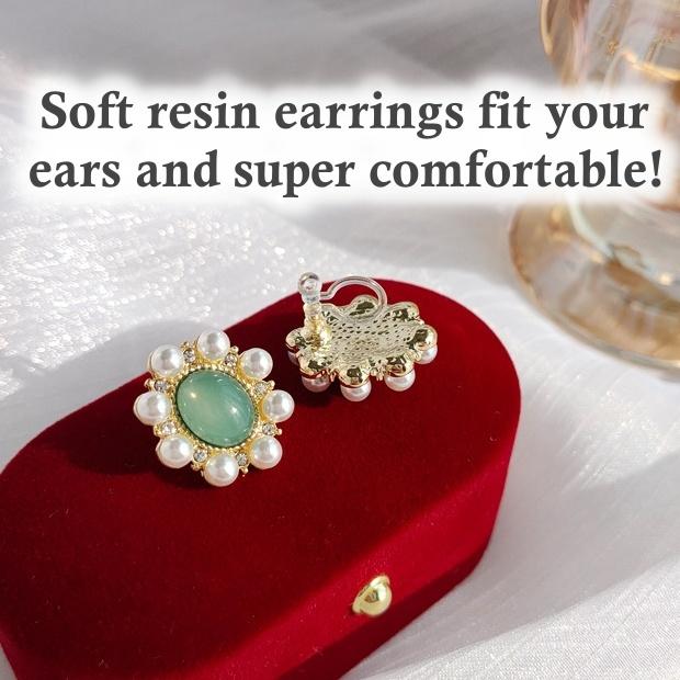 Light Green Crystal Rhinestone With White Pearl Invisible Clip On Earrings