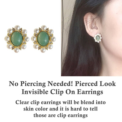 Light Green Crystal Rhinestone With White Pearl Invisible Clip On Earrings