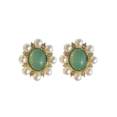 Light Green Crystal Rhinestone With White Pearl Invisible Clip On Earrings