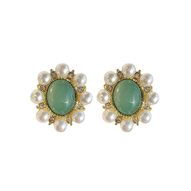 Light Green Crystal Rhinestone With White Pearl Invisible Clip On Earrings