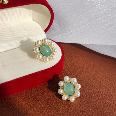 Light Green Crystal Rhinestone With White Pearl Invisible Clip On Earrings