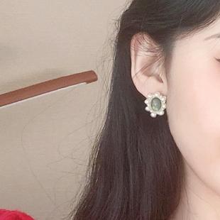 Light Green Crystal Rhinestone With White Pearl Invisible Clip On Earrings