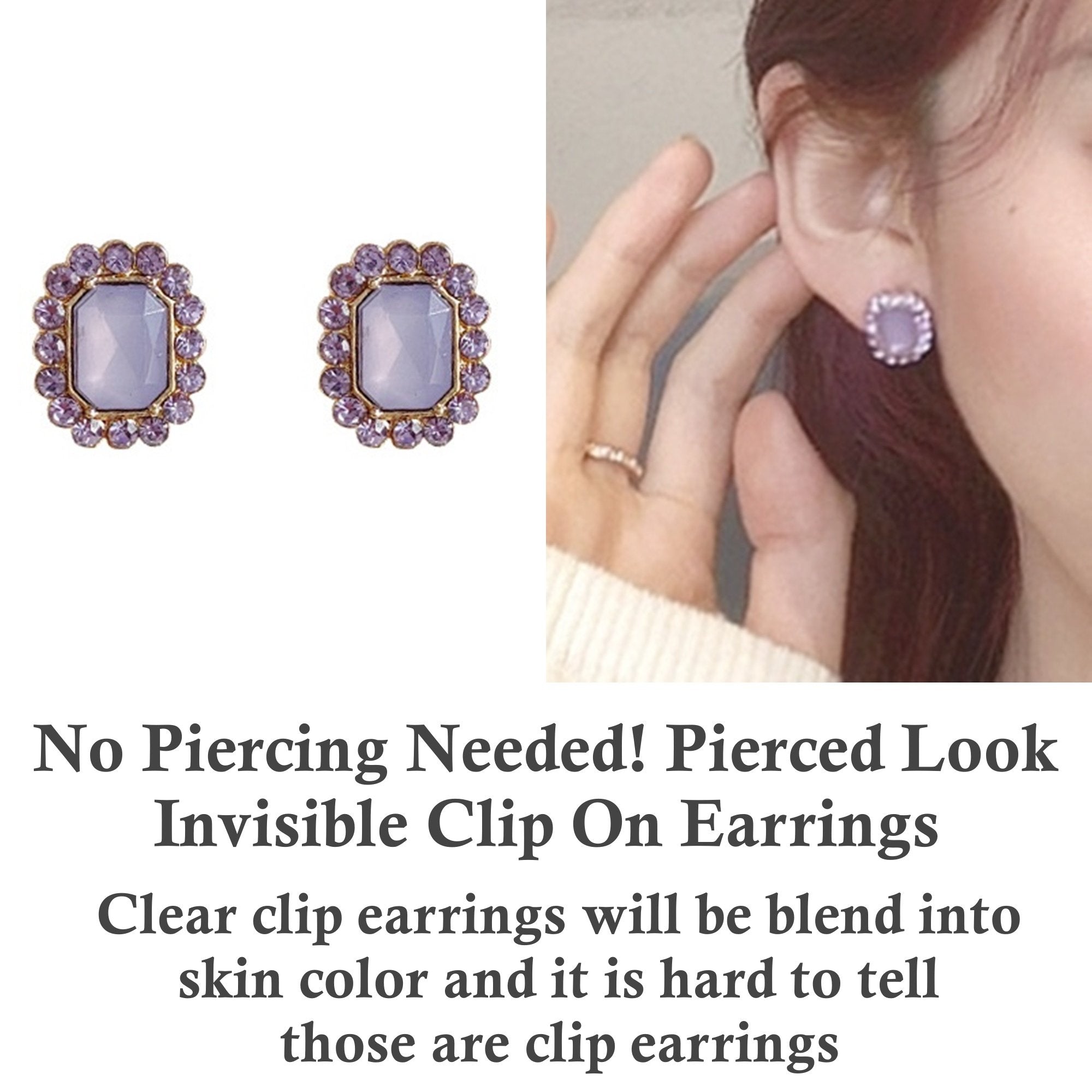 Light Purple Square Crystal Rhinestone Invisible Clip On Earrings