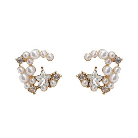 Moon Space Crystal Rhinestone White Pearl Invisible Clip On Earrings
