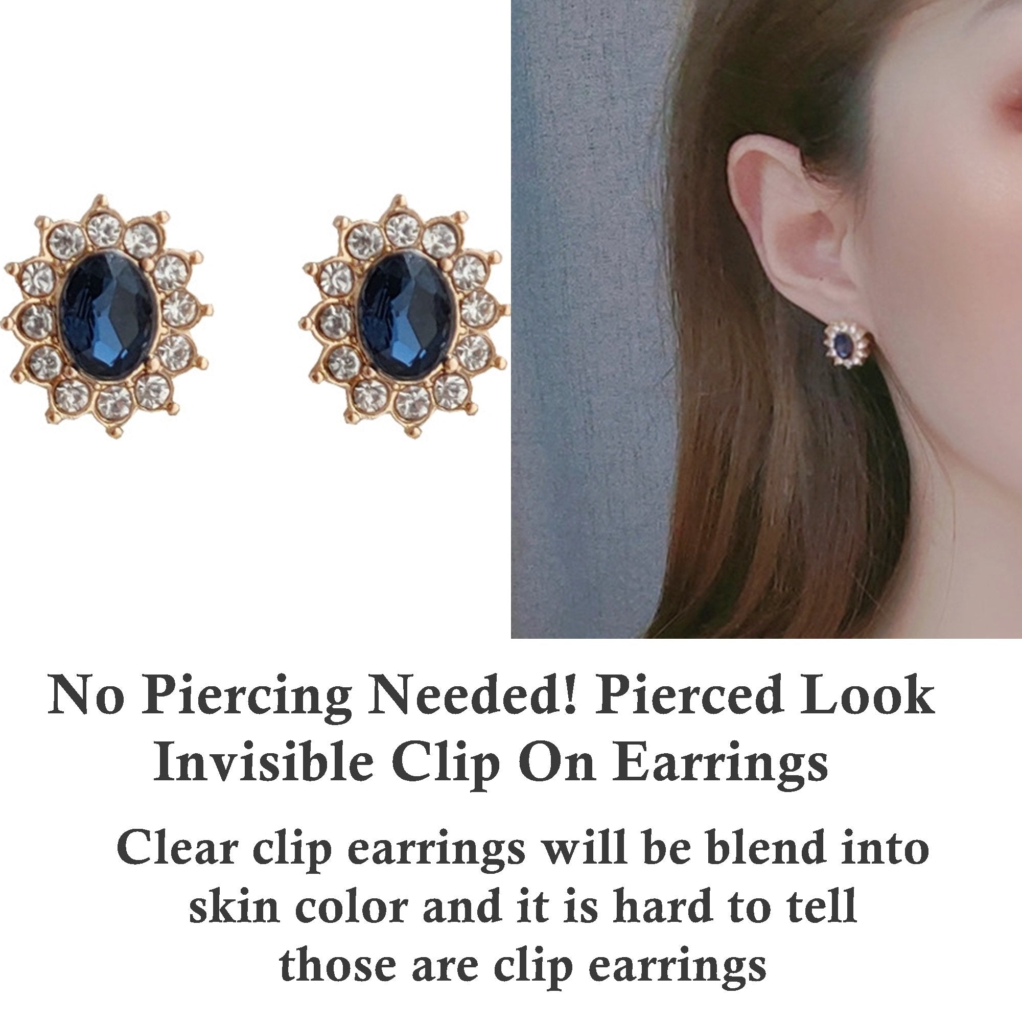 Navy Blue Crystal Rhinestone Pave Invisible Clip On Earrings