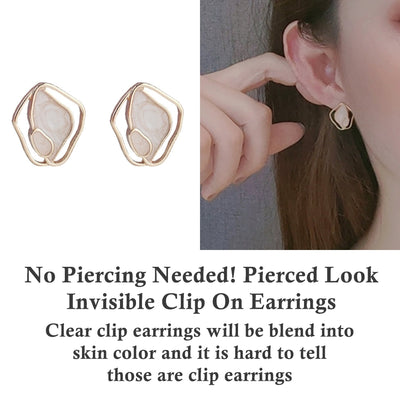 Organic Shaped White Enamel Crystal Invisible Clip On Earrings