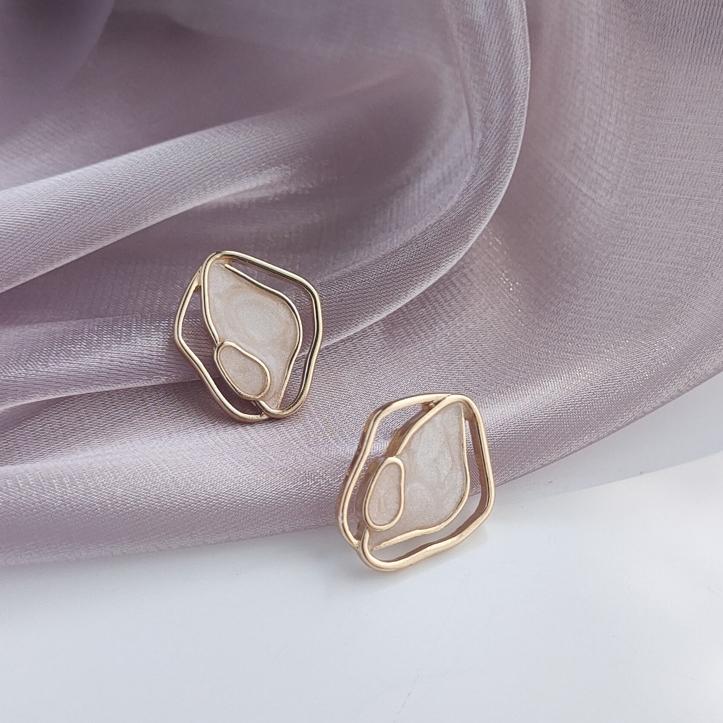 Organic Shaped White Enamel Crystal Invisible Clip On Earrings