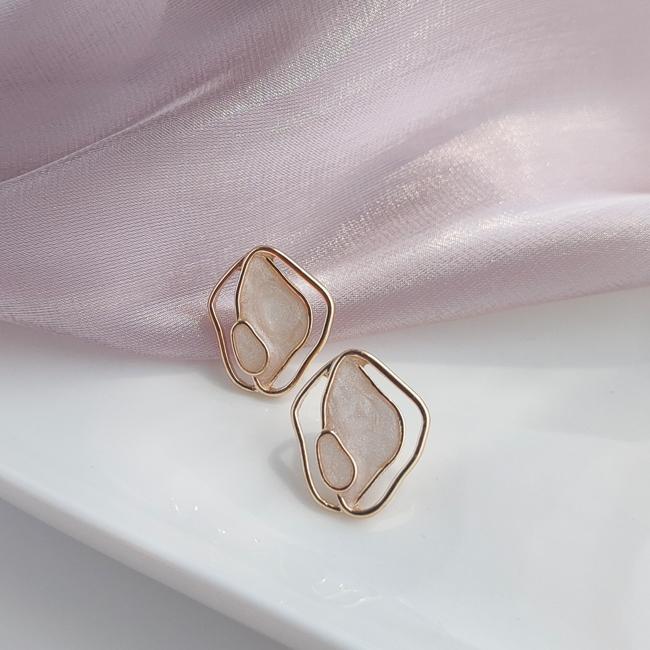 Organic Shaped White Enamel Crystal Invisible Clip On Earrings