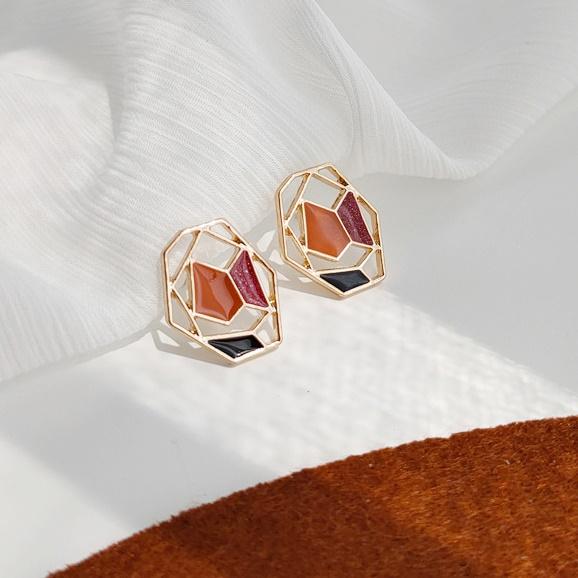 Organic Shaped Pink Red Mosaic Crystal Invisible Clip On Earrings