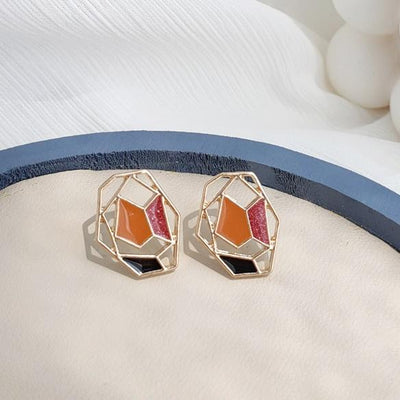 Organic Shaped Pink Red Mosaic Crystal Invisible Clip On Earrings