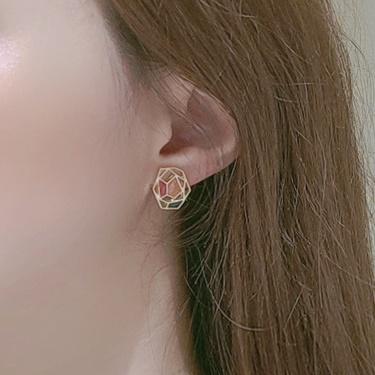 Organic Shaped Pink Red Mosaic Crystal Invisible Clip On Earrings