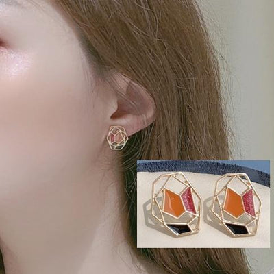 Organic Shaped Pink Red Mosaic Crystal Invisible Clip On Earrings