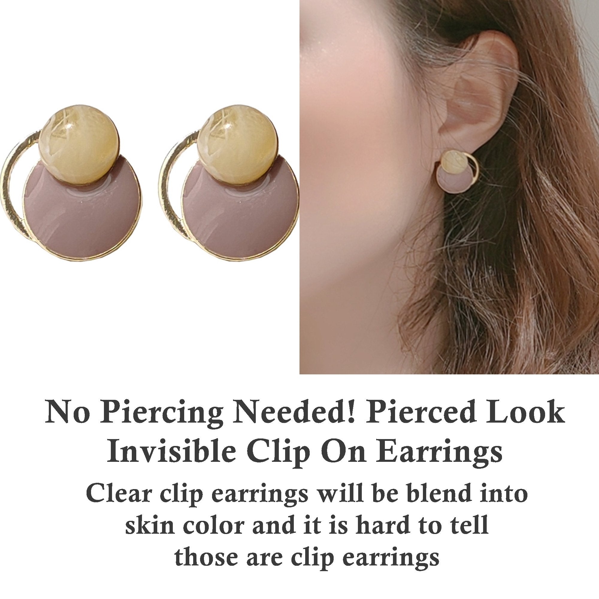 Round Beige Pink Invisible Clip On Earrings