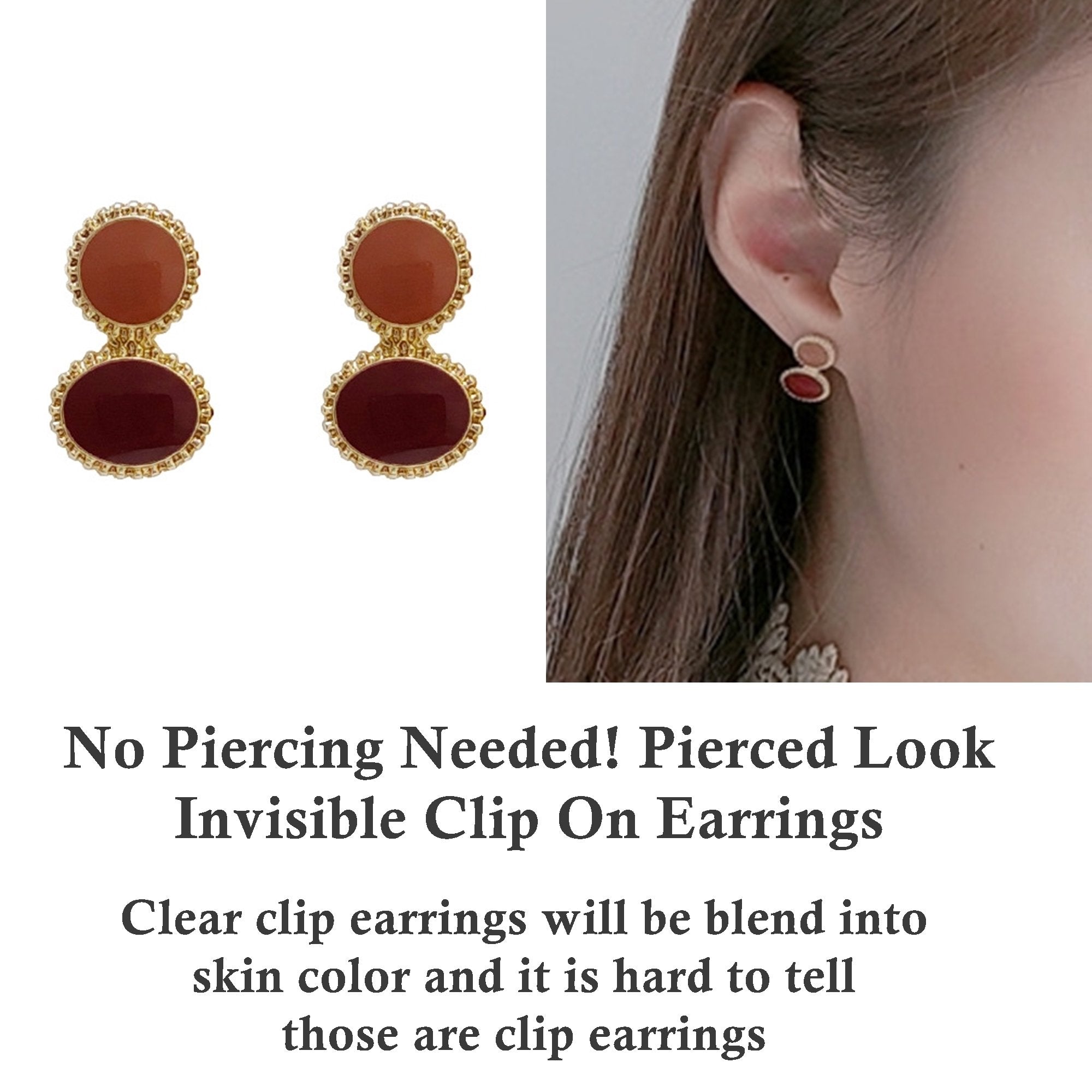Round Brown Invisible Clip On Earrings