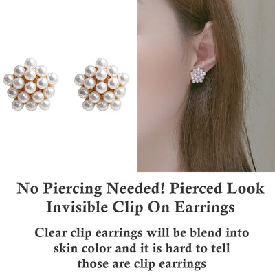 Round White Pearl Invisible Clip On Earrings
